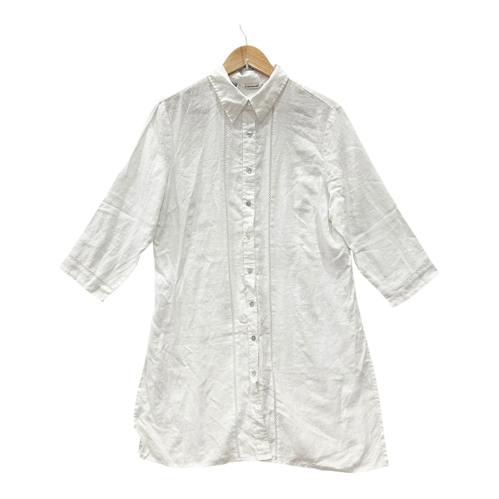 Richard Malcolm White Irish Linen Tunic Womens L Shirt Ladder Lace 3/4 Sleeve